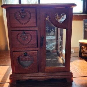 Vintage Wooden Jewelry Box Miniature Armoire & Floral Etched Design Glass Door